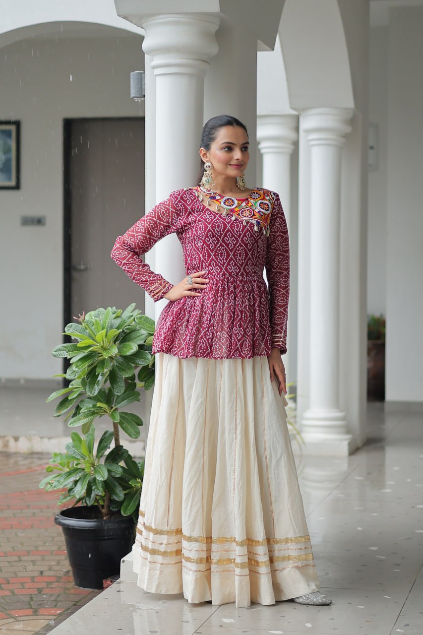 Maroon Navratri Special Cotton Lehenga Choli Set with Gota Patti Lace & Bandhani Gamthi Work – Full Stitched ClothsVilla