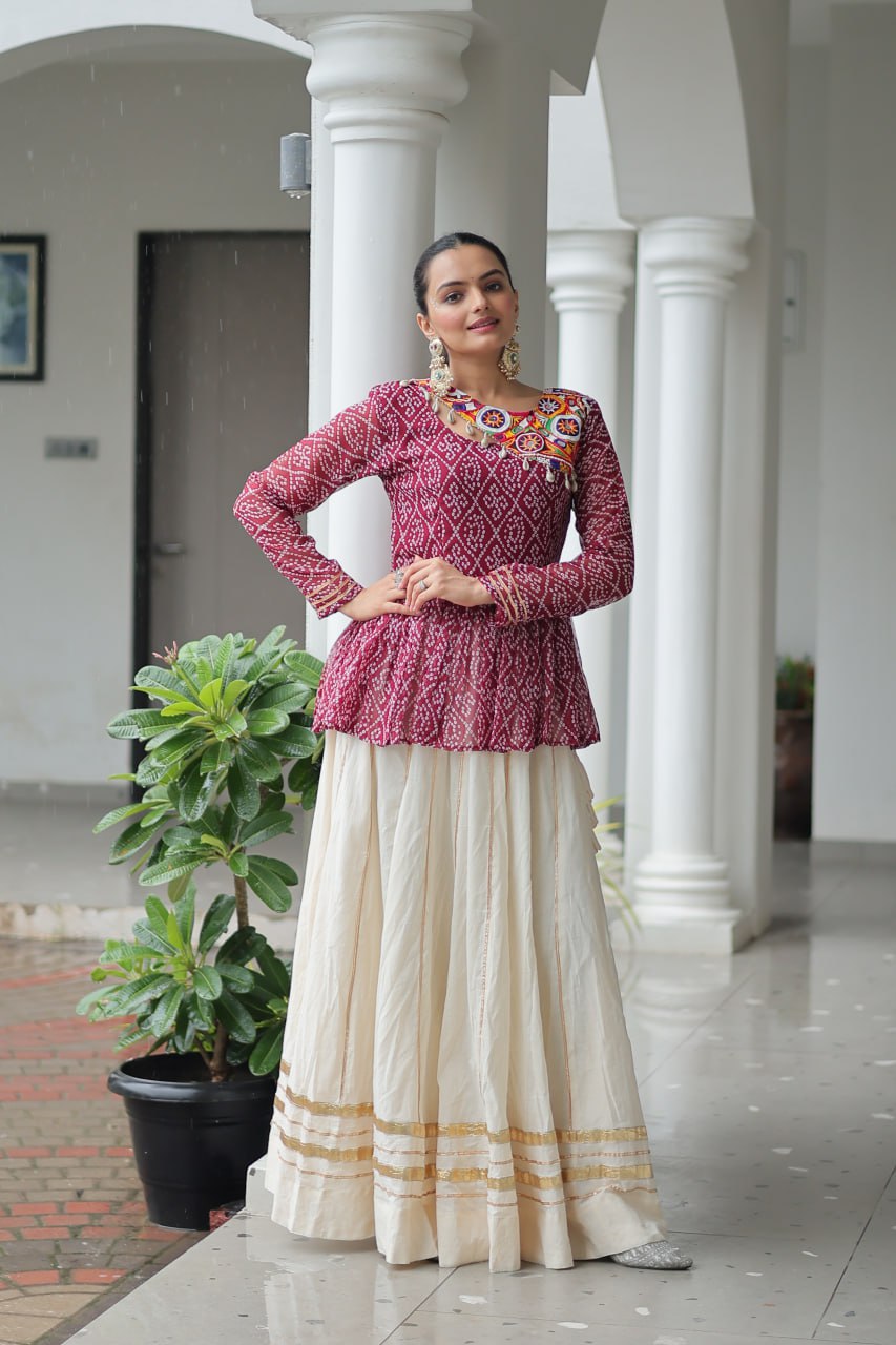 Maroon Navratri Special Cotton Lehenga Choli Set with Gota Patti Lace & Bandhani Gamthi Work – Full Stitched ClothsVilla