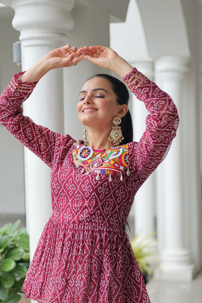 Maroon Navratri Special Cotton Lehenga Choli Set with Gota Patti Lace & Bandhani Gamthi Work – Full Stitched ClothsVilla