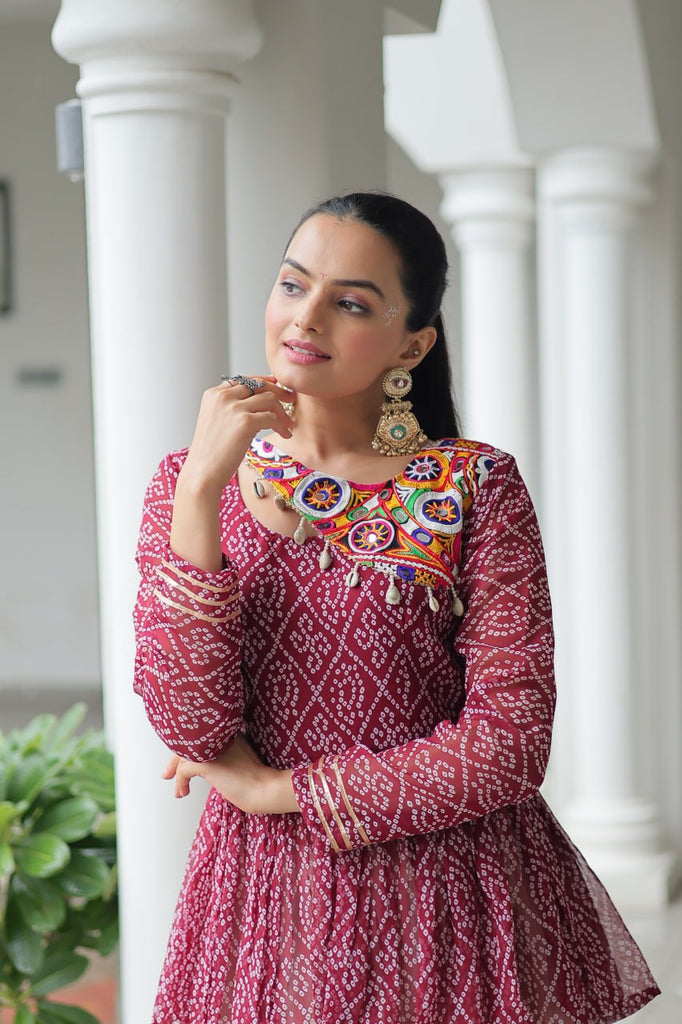 Maroon Navratri Special Cotton Lehenga Choli Set with Gota Patti Lace & Bandhani Gamthi Work – Full Stitched ClothsVilla