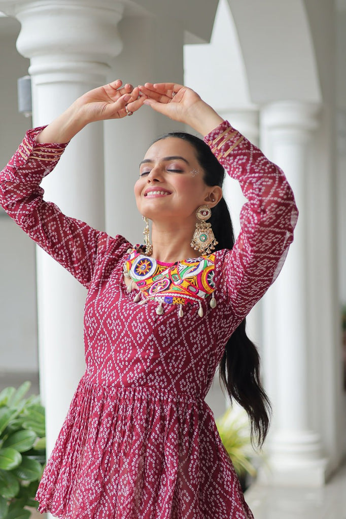 Maroon Navratri Special Cotton Lehenga Choli Set with Gota Patti Lace & Bandhani Gamthi Work – Full Stitched ClothsVilla