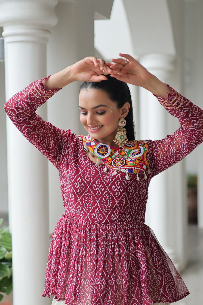 Maroon Navratri Special Cotton Lehenga Choli Set with Gota Patti Lace & Bandhani Gamthi Work – Full Stitched ClothsVilla