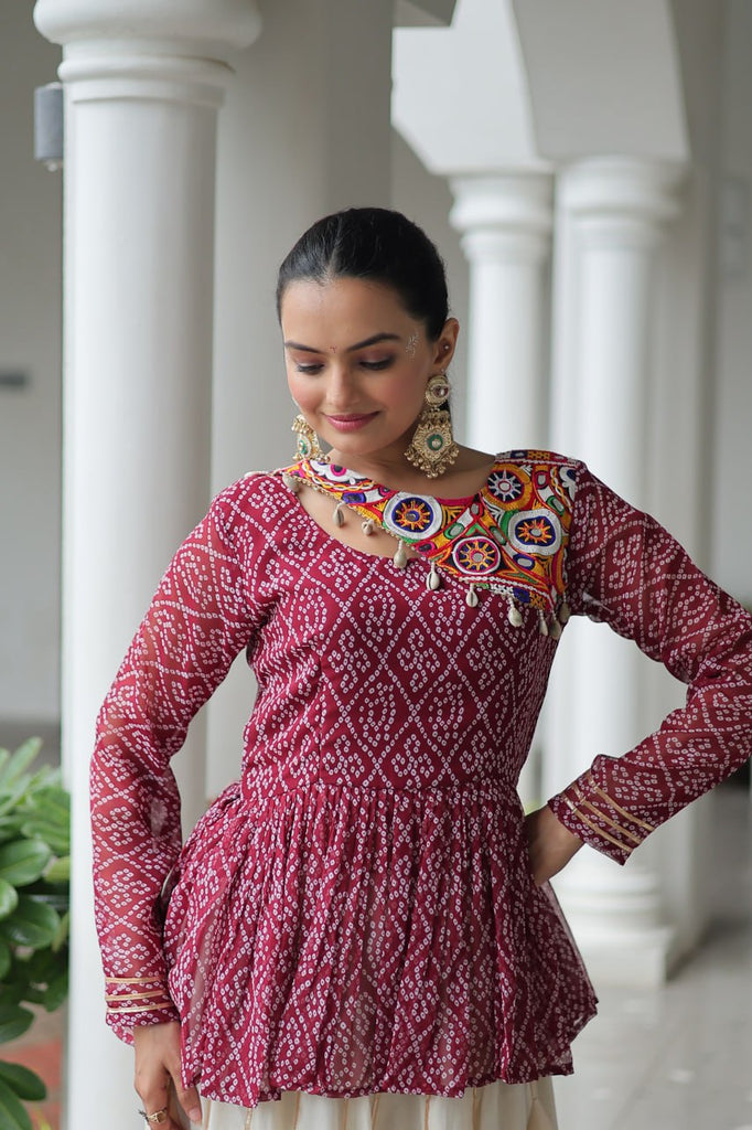 Maroon Navratri Special Cotton Lehenga Choli Set with Gota Patti Lace & Bandhani Gamthi Work – Full Stitched ClothsVilla