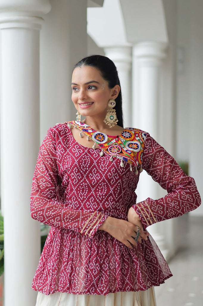 Maroon Navratri Special Cotton Lehenga Choli Set with Gota Patti Lace & Bandhani Gamthi Work – Full Stitched ClothsVilla