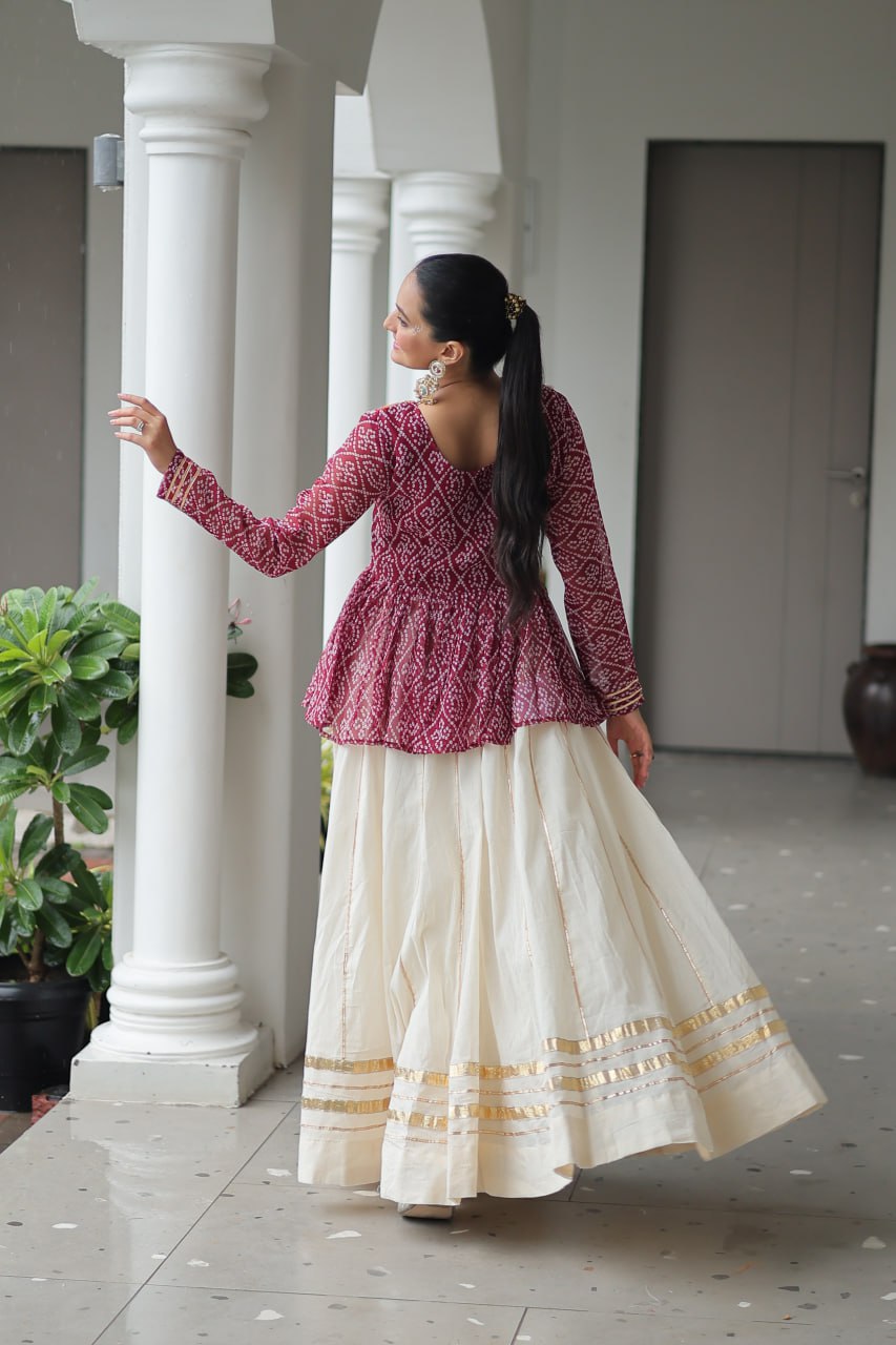 Maroon Navratri Special Cotton Lehenga Choli Set with Gota Patti Lace & Bandhani Gamthi Work – Full Stitched ClothsVilla