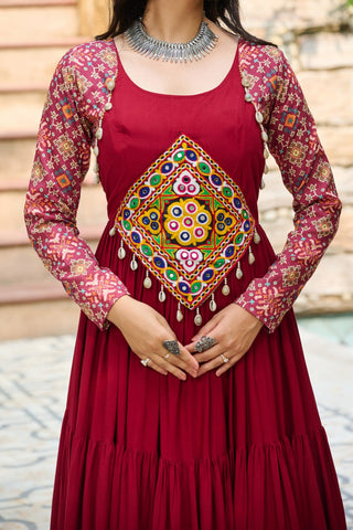 Maroon Navratri Special Gown with Kutchi Gamthi Embroidery – 3 Layer Frill & 12 Meter Flair ClothsVilla