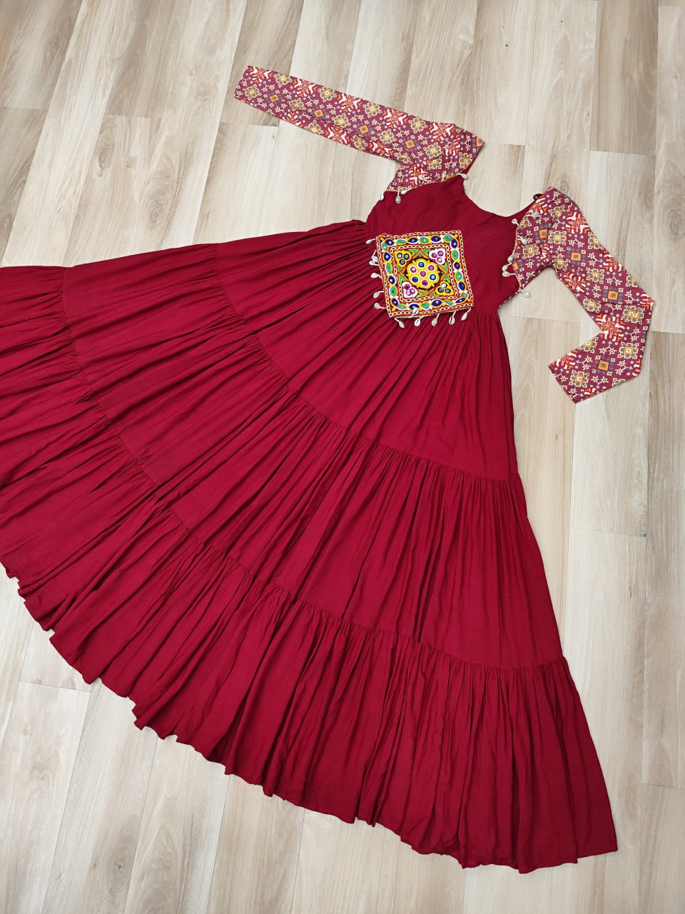 Maroon Navratri Special Gown with Kutchi Gamthi Embroidery – 3 Layer Frill & 12 Meter Flair ClothsVilla