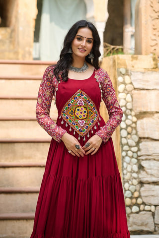 Maroon Navratri Special Gown with Kutchi Gamthi Embroidery – 3 Layer Frill & 12 Meter Flair ClothsVilla