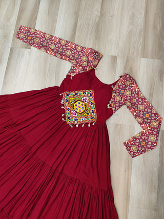 Maroon Navratri Special Gown with Kutchi Gamthi Embroidery – 3 Layer Frill & 12 Meter Flair ClothsVilla
