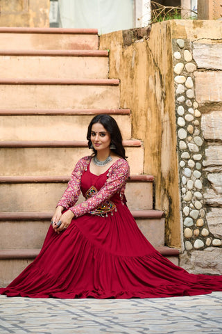 Maroon Navratri Special Gown with Kutchi Gamthi Embroidery – 3 Layer Frill & 12 Meter Flair ClothsVilla