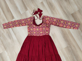 Maroon Navratri Special Gown with Kutchi Gamthi Embroidery – 3 Layer Frill & 12 Meter Flair ClothsVilla