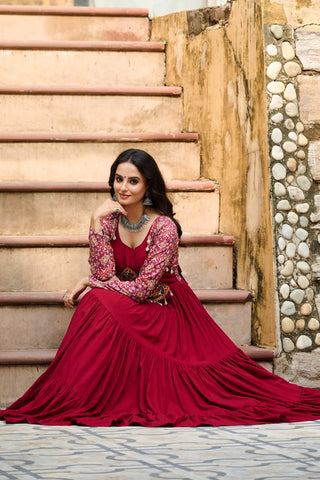 Maroon Navratri Special Gown with Kutchi Gamthi Embroidery – 3 Layer Frill & 12 Meter Flair ClothsVilla