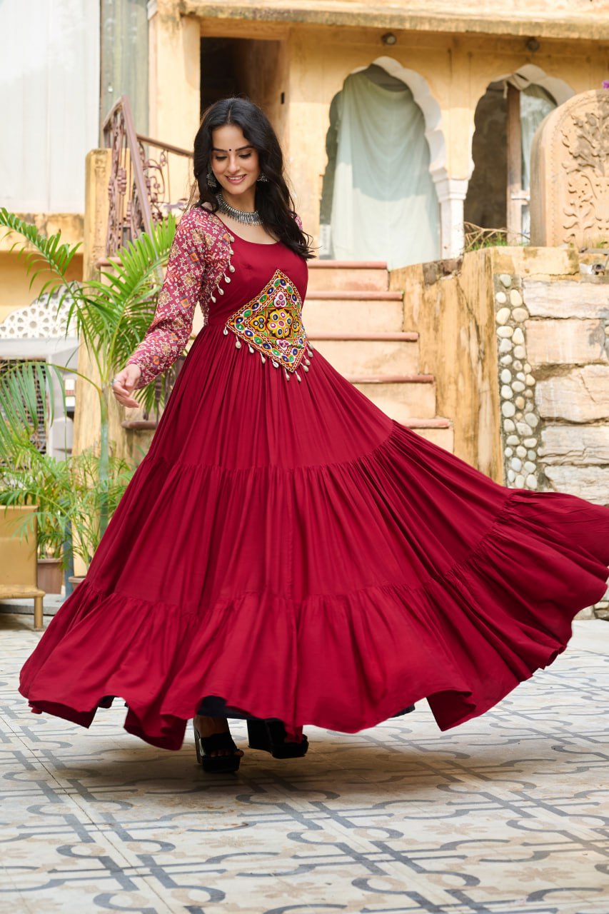 Maroon Navratri Special Gown with Kutchi Gamthi Embroidery – 3 Layer Frill & 12 Meter Flair ClothsVilla