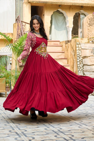 Maroon Navratri Special Gown with Kutchi Gamthi Embroidery – 3 Layer Frill & 12 Meter Flair ClothsVilla