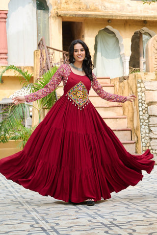 Maroon Navratri Special Gown with Kutchi Gamthi Embroidery – 3 Layer Frill & 12 Meter Flair ClothsVilla