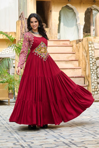 Maroon Navratri Special Gown with Kutchi Gamthi Embroidery – 3 Layer Frill & 12 Meter Flair ClothsVilla