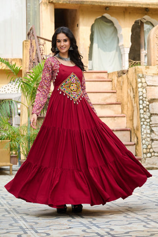 Maroon Navratri Special Gown with Kutchi Gamthi Embroidery – 3 Layer Frill & 12 Meter Flair ClothsVilla