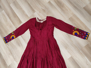 Maroon Navratri Special Kutchi Gamthi Work Gown in 14 Kg Rayon with 4-Layer Frill & Full Sleeves ClothsVilla