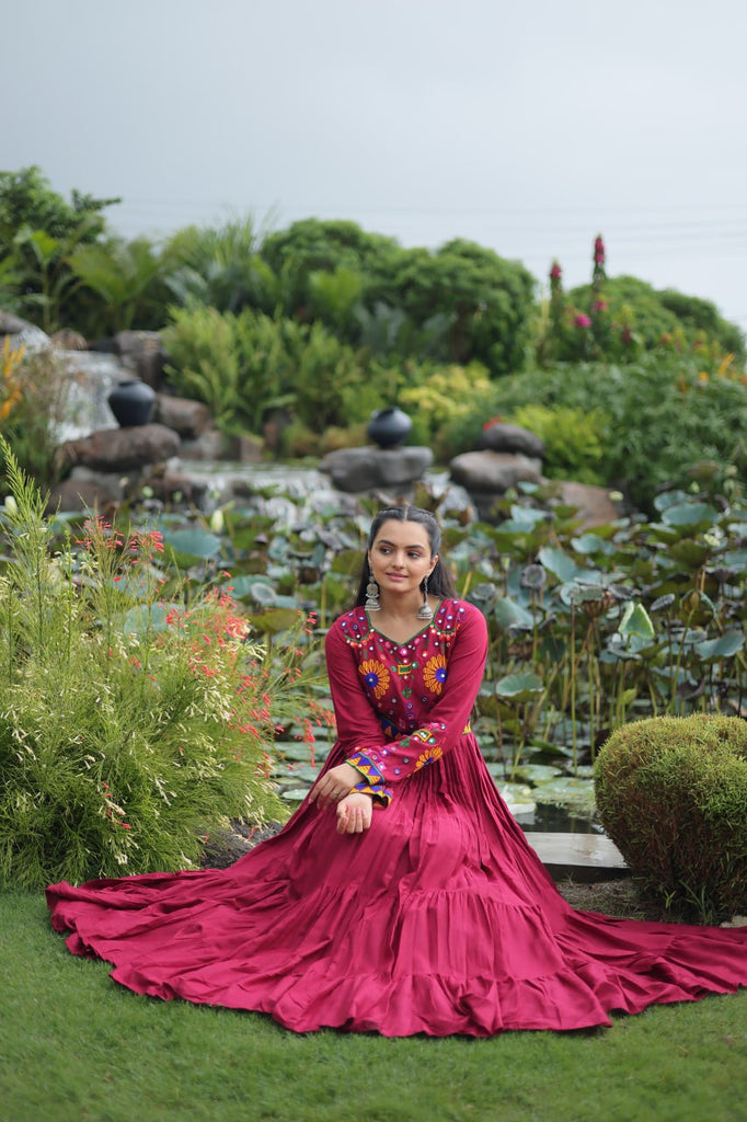 Maroon Navratri Special Kutchi Gamthi Work Gown in 14 Kg Rayon with 4-Layer Frill & Full Sleeves ClothsVilla