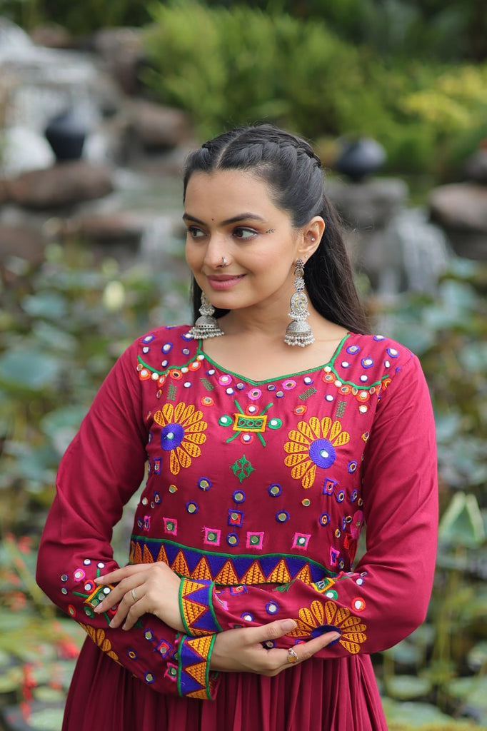 Maroon Navratri Special Kutchi Gamthi Work Gown in 14 Kg Rayon with 4-Layer Frill & Full Sleeves ClothsVilla