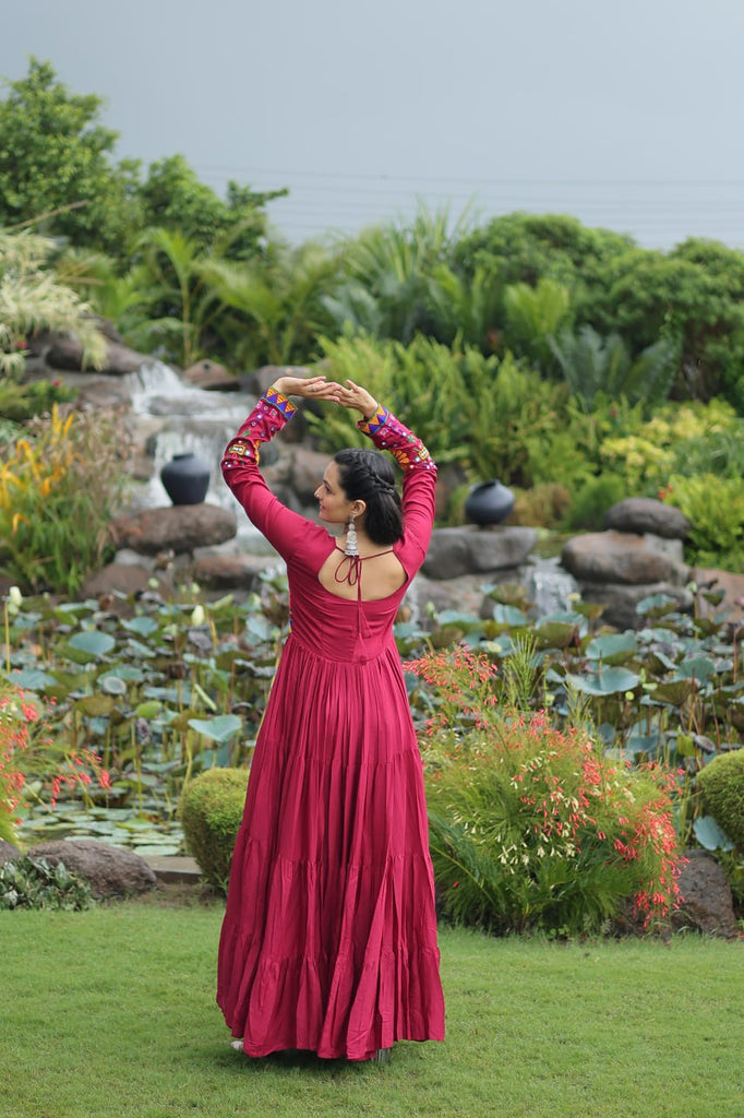 Maroon Navratri Special Kutchi Gamthi Work Gown in 14 Kg Rayon with 4-Layer Frill & Full Sleeves ClothsVilla