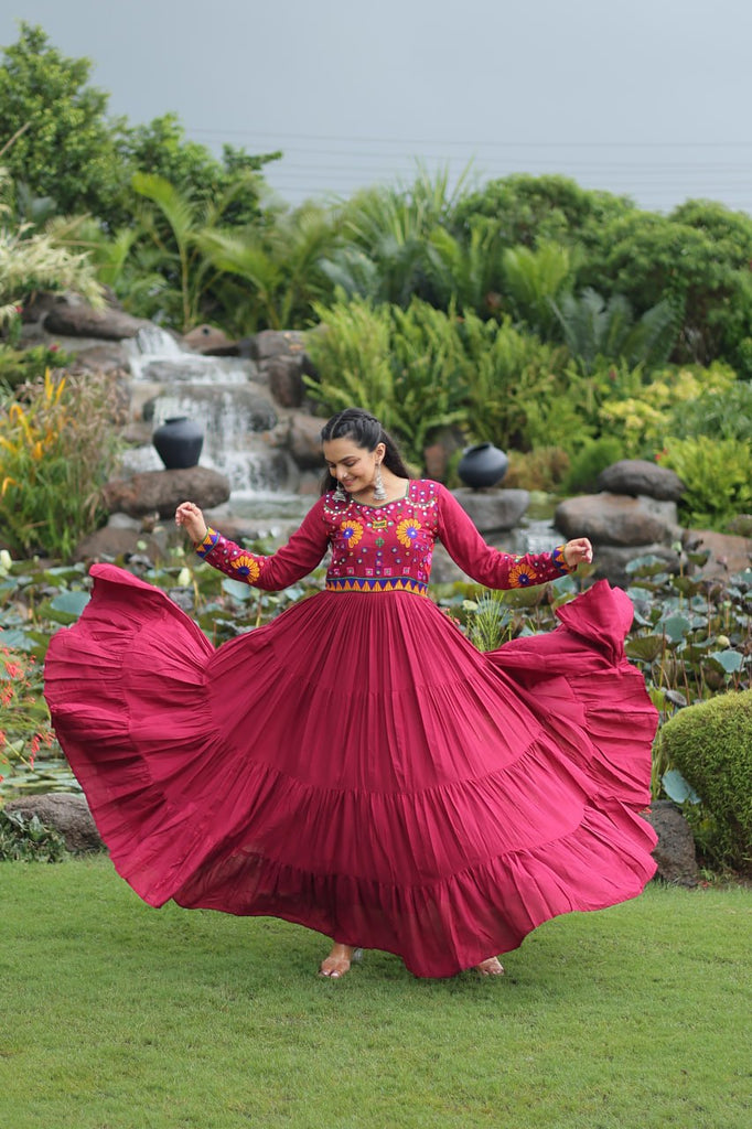 Maroon Navratri Special Kutchi Gamthi Work Gown in 14 Kg Rayon with 4-Layer Frill & Full Sleeves ClothsVilla