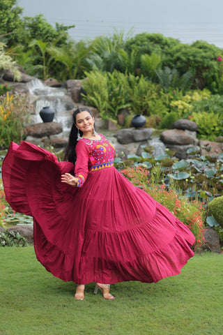 Maroon Navratri Special Kutchi Gamthi Work Gown in 14 Kg Rayon with 4-Layer Frill & Full Sleeves ClothsVilla