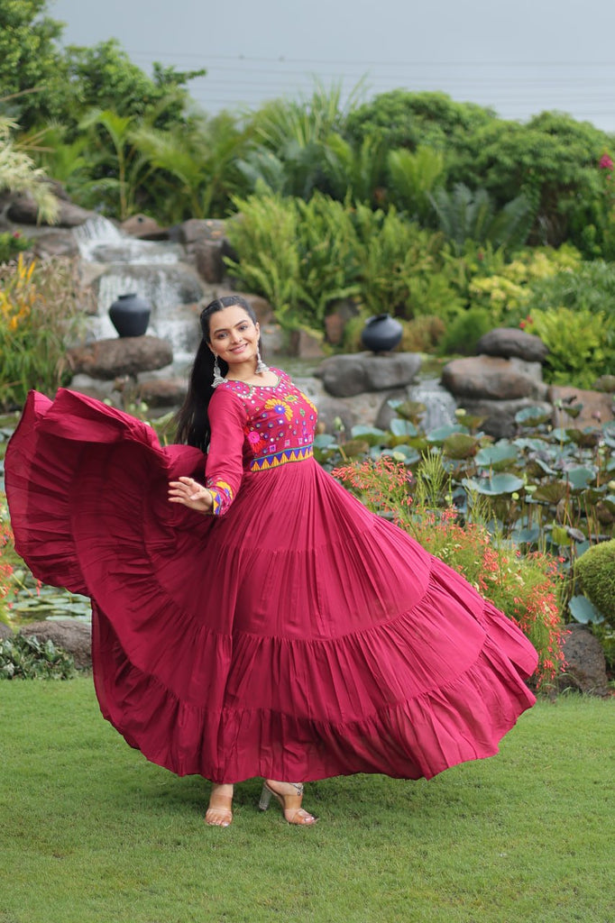 Maroon Navratri Special Kutchi Gamthi Work Gown in 14 Kg Rayon with 4-Layer Frill & Full Sleeves ClothsVilla