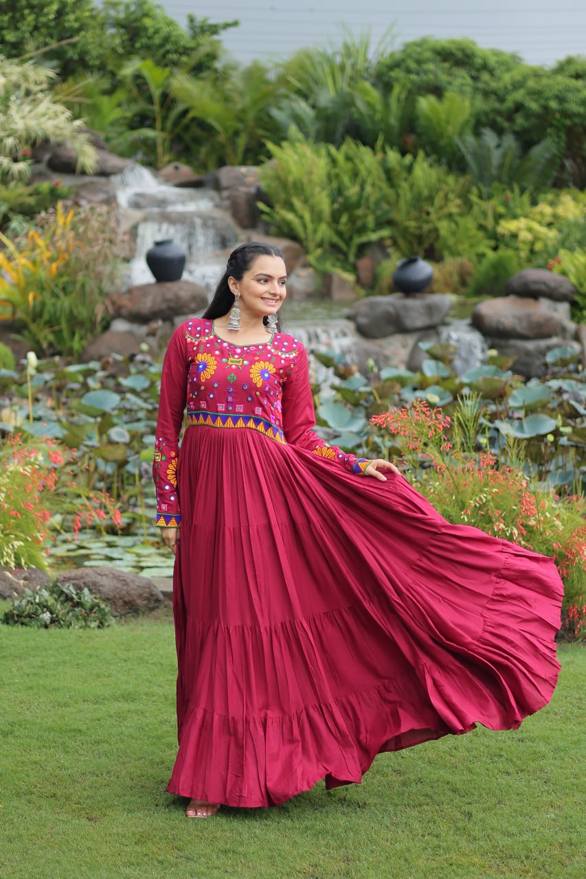 Maroon Navratri Special Kutchi Gamthi Work Gown in 14 Kg Rayon with 4-Layer Frill & Full Sleeves ClothsVilla