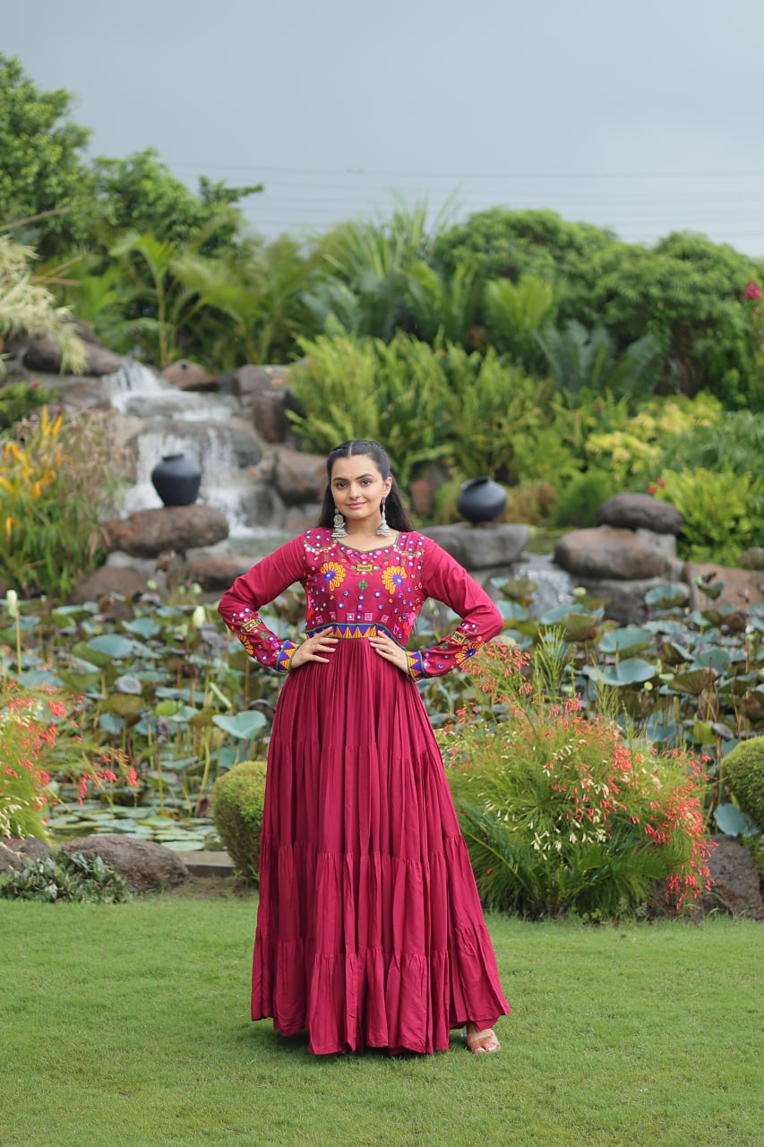 Maroon Navratri Special Kutchi Gamthi Work Gown in 14 Kg Rayon with 4-Layer Frill & Full Sleeves ClothsVilla