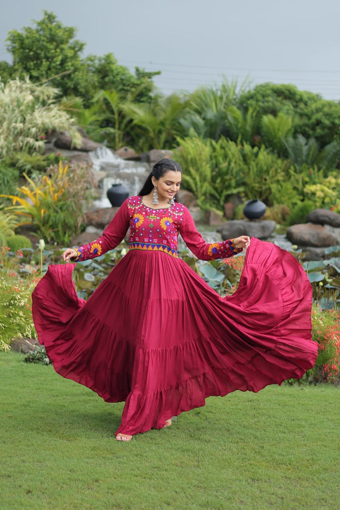 Maroon Navratri Special Kutchi Gamthi Work Gown in 14 Kg Rayon with 4-Layer Frill & Full Sleeves ClothsVilla