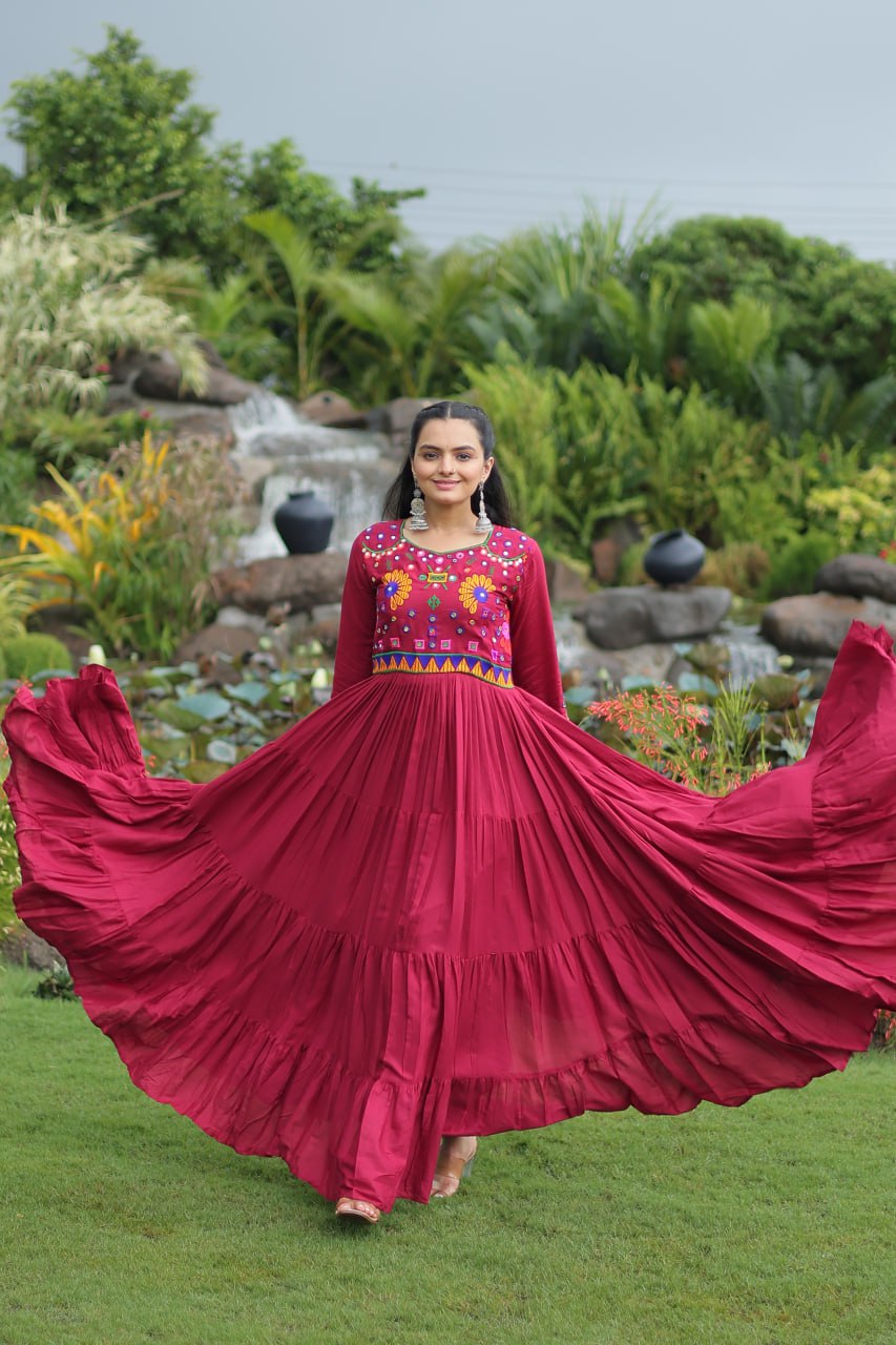 Maroon Navratri Special Kutchi Gamthi Work Gown in 14 Kg Rayon with 4-Layer Frill & Full Sleeves ClothsVilla