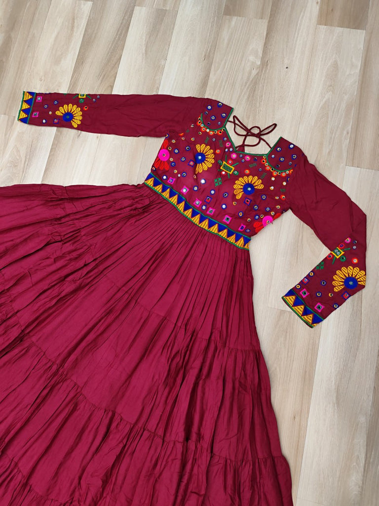 Maroon Navratri Special Kutchi Gamthi Work Gown in 14 Kg Rayon with 4-Layer Frill & Full Sleeves ClothsVilla