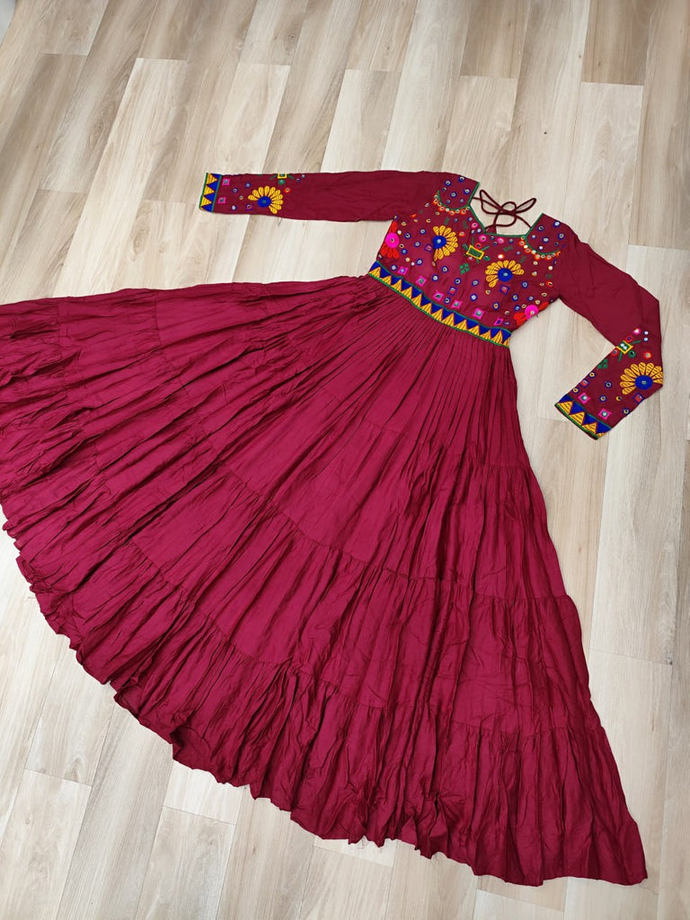 Maroon Navratri Special Kutchi Gamthi Work Gown in 14 Kg Rayon with 4-Layer Frill & Full Sleeves ClothsVilla