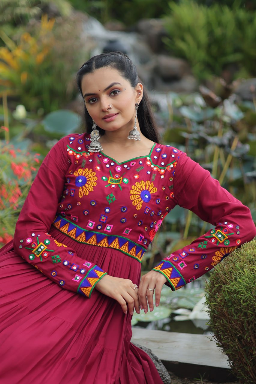Maroon Navratri Special Kutchi Gamthi Work Gown in 14 Kg Rayon with 4-Layer Frill & Full Sleeves ClothsVilla