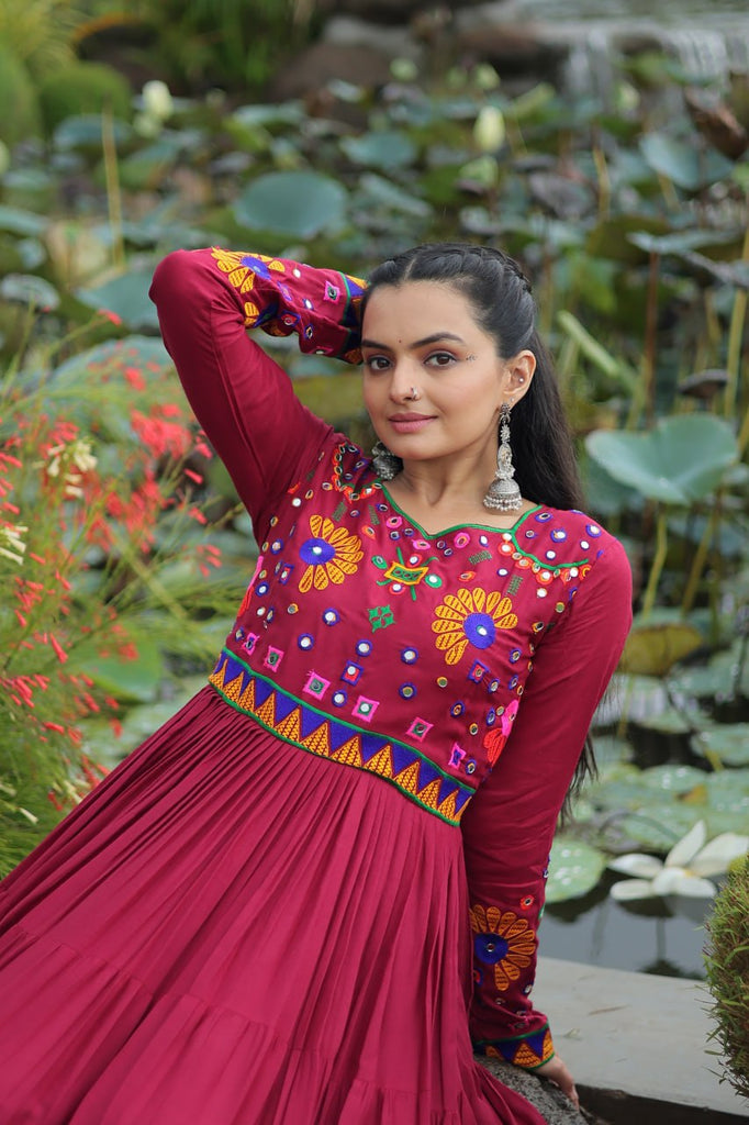 Maroon Navratri Special Kutchi Gamthi Work Gown in 14 Kg Rayon with 4-Layer Frill & Full Sleeves ClothsVilla