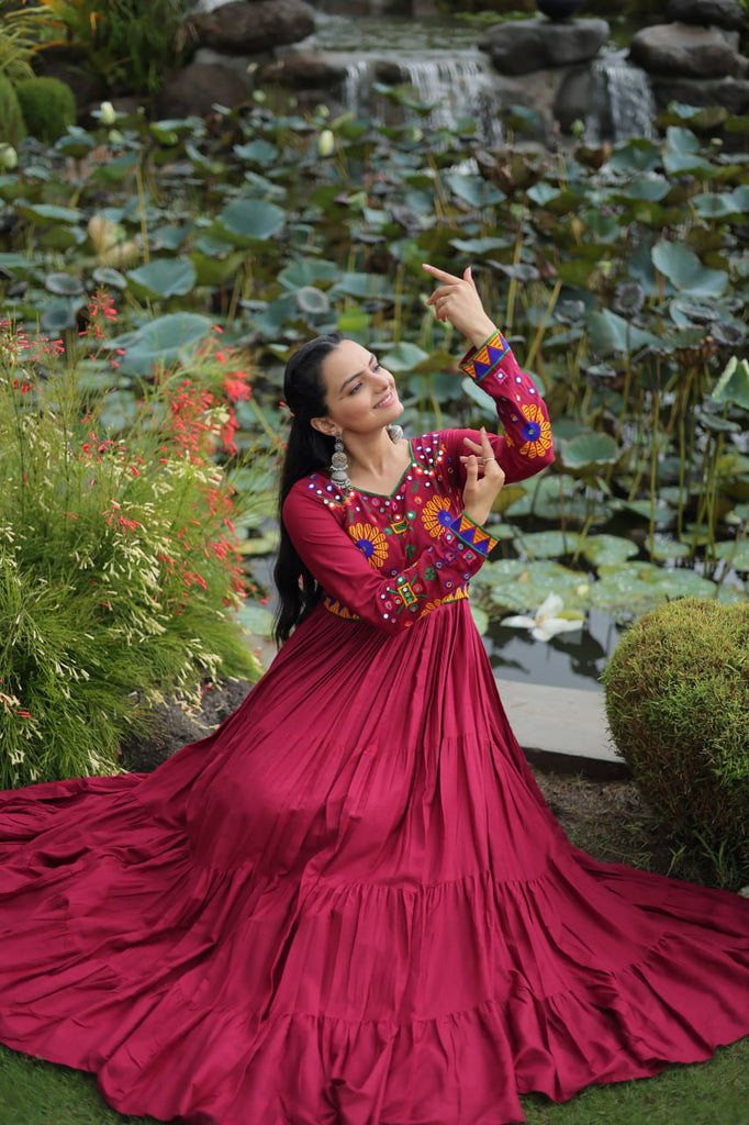 Maroon Navratri Special Kutchi Gamthi Work Gown in 14 Kg Rayon with 4-Layer Frill & Full Sleeves ClothsVilla