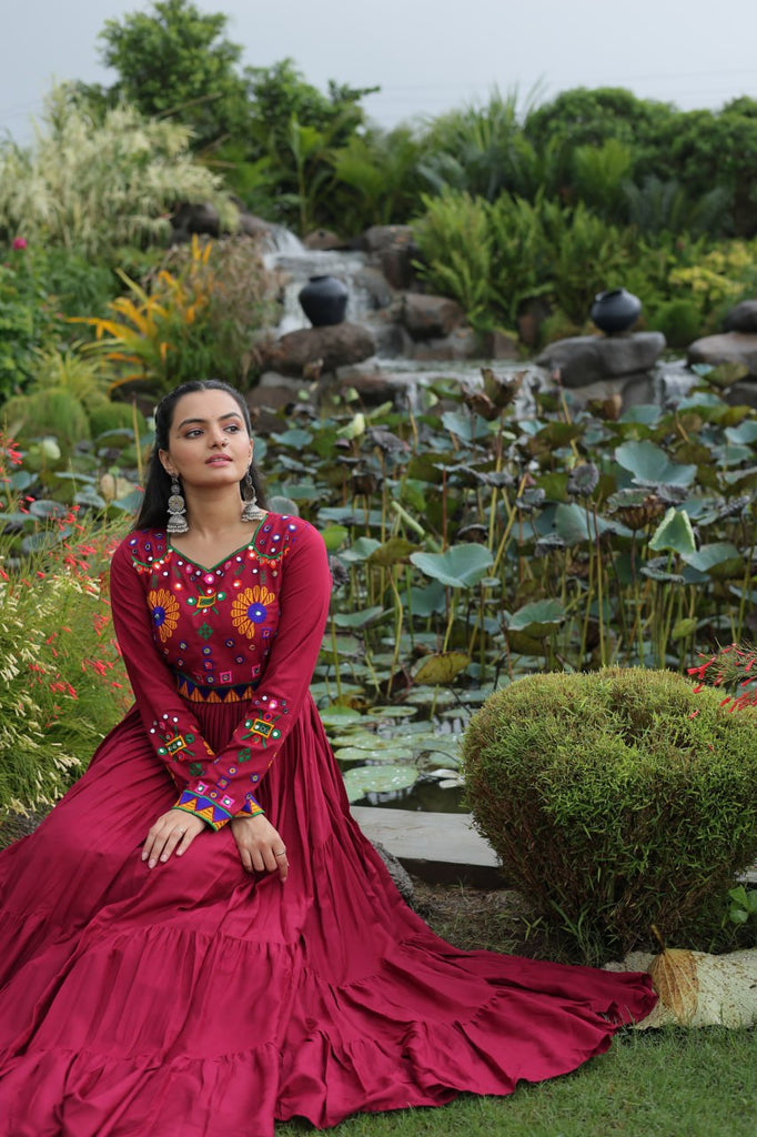 Maroon Navratri Special Kutchi Gamthi Work Gown in 14 Kg Rayon with 4-Layer Frill & Full Sleeves ClothsVilla