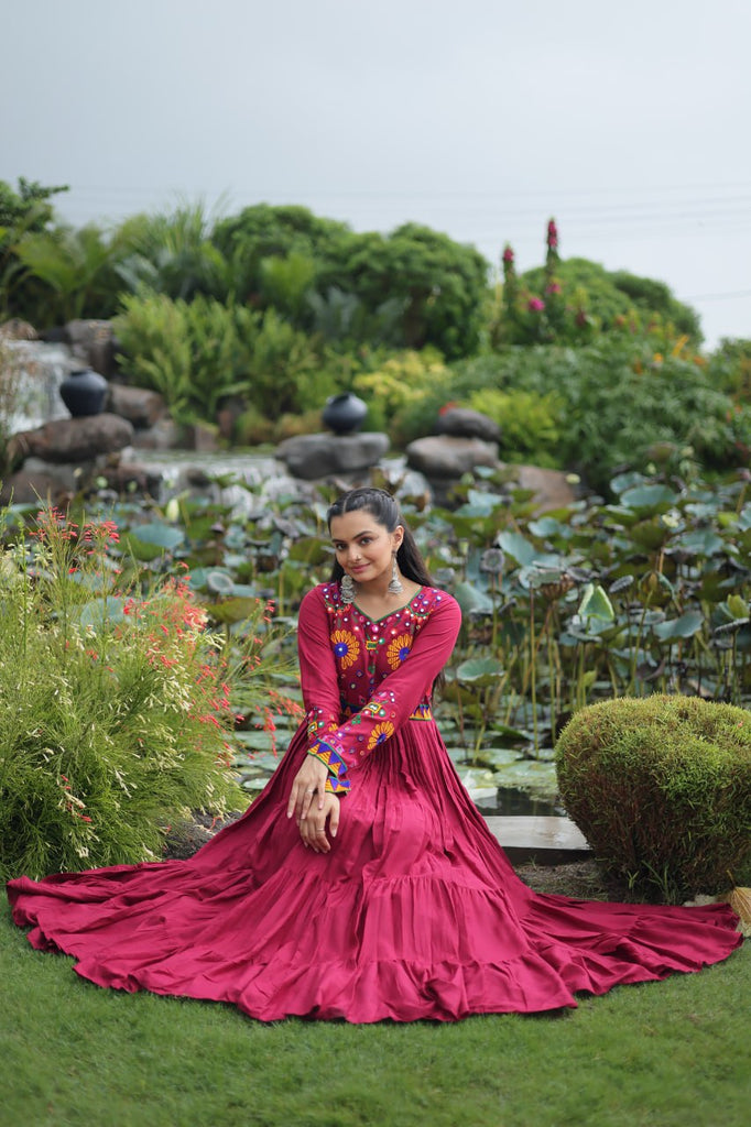 Maroon Navratri Special Kutchi Gamthi Work Gown in 14 Kg Rayon with 4-Layer Frill & Full Sleeves ClothsVilla