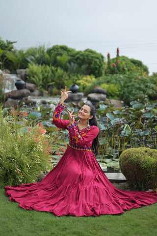 Maroon Navratri Special Kutchi Gamthi Work Gown in 14 Kg Rayon with 4-Layer Frill & Full Sleeves ClothsVilla