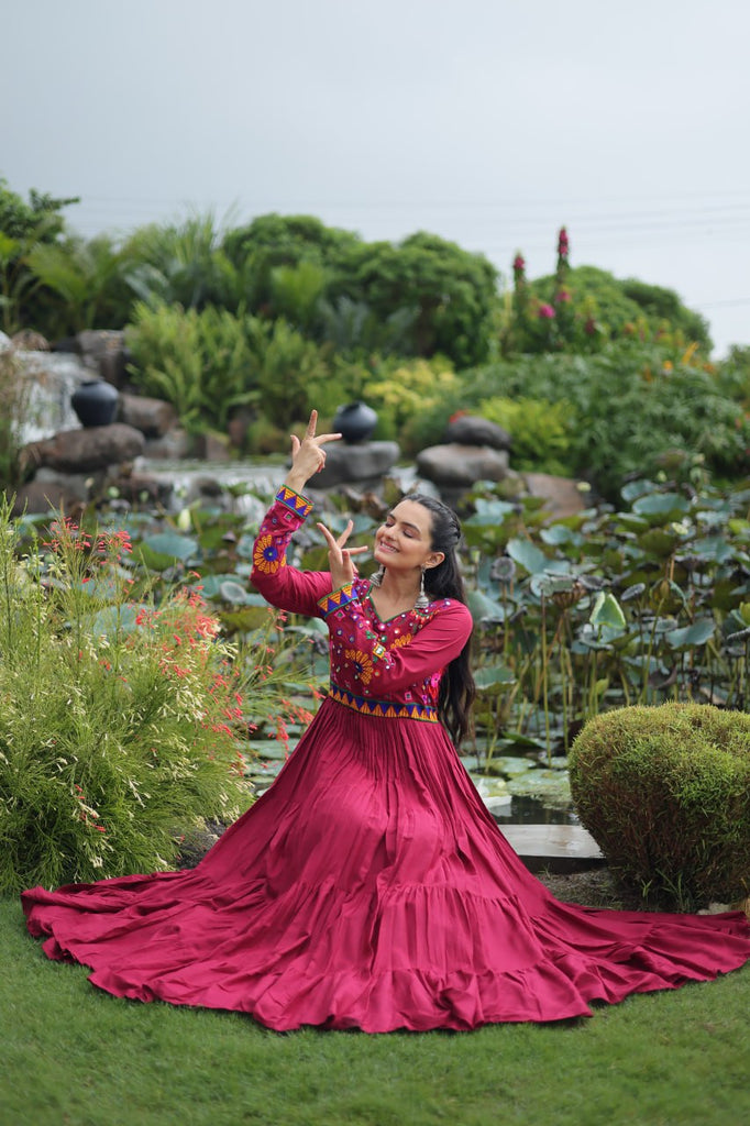 Maroon Navratri Special Kutchi Gamthi Work Gown in 14 Kg Rayon with 4-Layer Frill & Full Sleeves ClothsVilla