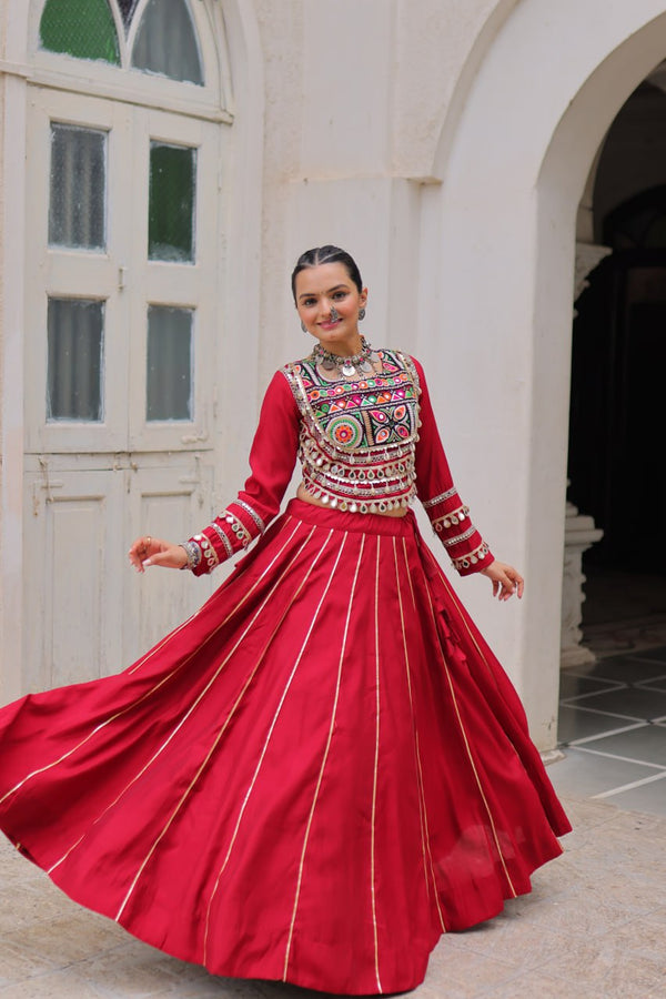 Maroon Navratri Special Roman Fabric Lehenga Choli with Kutchi Gamthi & Mirror Work ClothsVilla