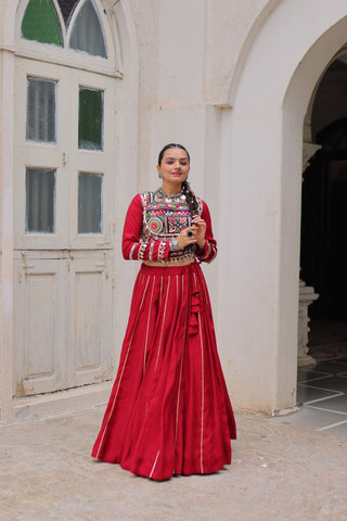 Maroon Navratri Special Roman Fabric Lehenga Choli with Kutchi Gamthi & Mirror Work ClothsVilla