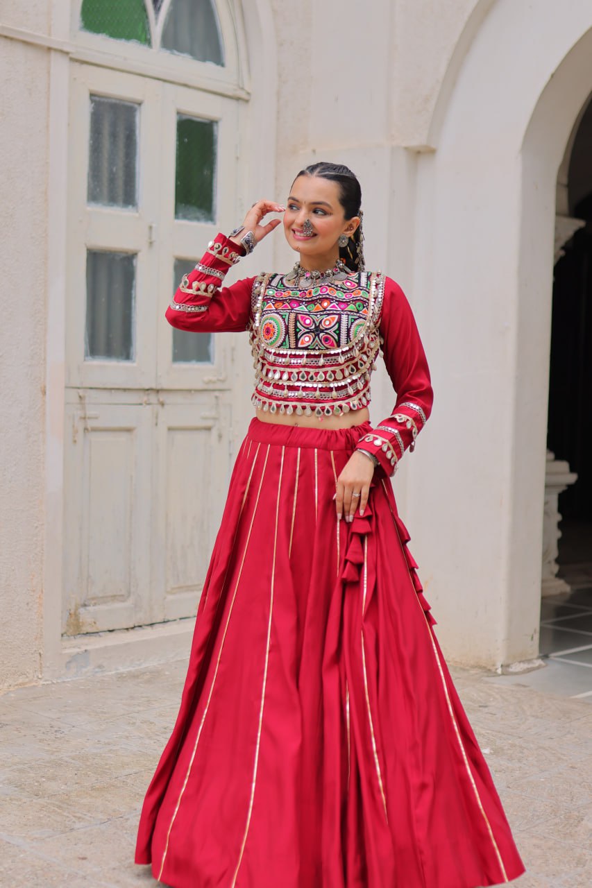 Maroon Navratri Special Roman Fabric Lehenga Choli with Kutchi Gamthi & Mirror Work ClothsVilla