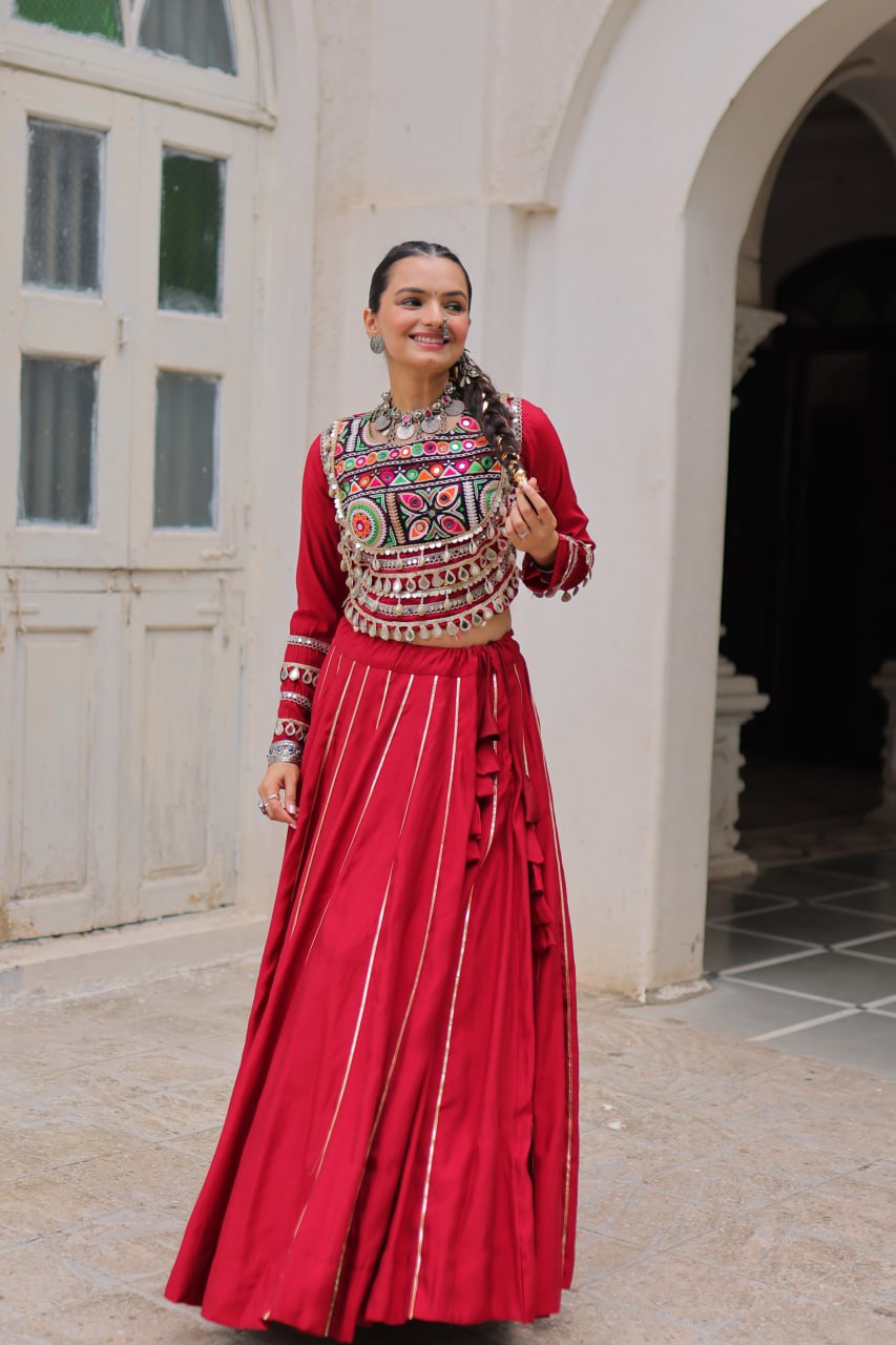 Maroon Navratri Special Roman Fabric Lehenga Choli with Kutchi Gamthi & Mirror Work ClothsVilla