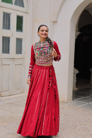 Maroon Navratri Special Roman Fabric Lehenga Choli with Kutchi Gamthi & Mirror Work ClothsVilla