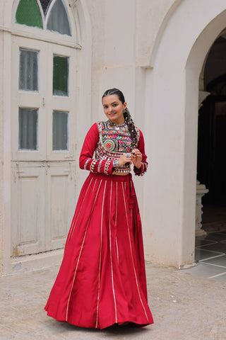 Maroon Navratri Special Roman Fabric Lehenga Choli with Kutchi Gamthi & Mirror Work ClothsVilla
