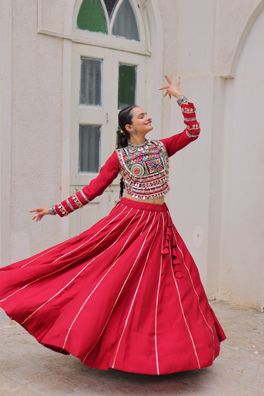 Maroon Navratri Special Roman Fabric Lehenga Choli with Kutchi Gamthi & Mirror Work ClothsVilla