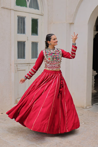 Maroon Navratri Special Roman Fabric Lehenga Choli with Kutchi Gamthi & Mirror Work ClothsVilla