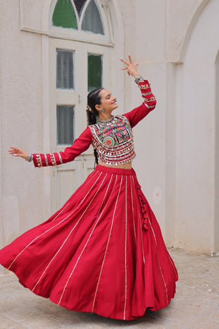 Maroon Navratri Special Roman Fabric Lehenga Choli with Kutchi Gamthi & Mirror Work ClothsVilla
